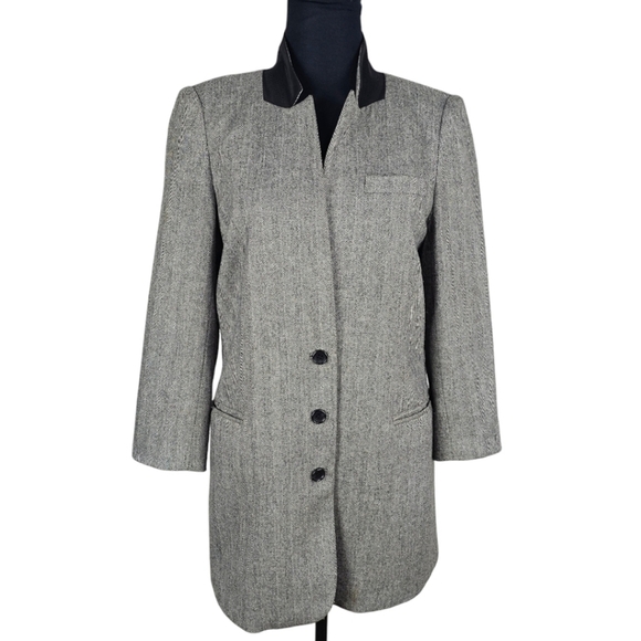 Elizabeth And James Wool Blend Herringbone Long Blazer Sz 8 Gray Equestrian - Picture 1 of 15